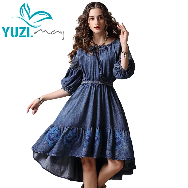 Женское джинсовое платье с круглым вырезом Yuzi.may голубое асимметричное