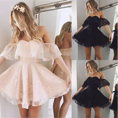 

Dress Women Lace Off Shoulder Dresses Slash Neck Short Sleeve Party Ball Gown Tulle Dress Clothes Pink Black