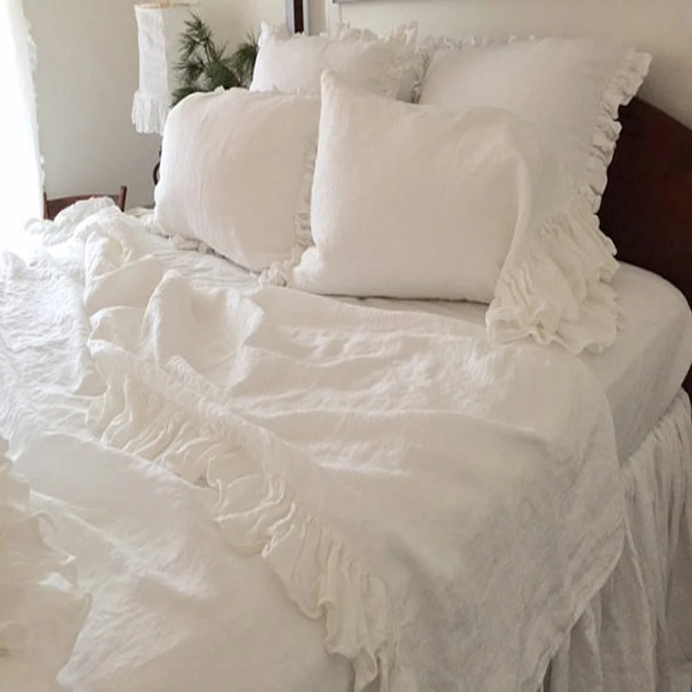 White Washed Pure Ruffled King Size Duvet Cover Queen Natural Flax