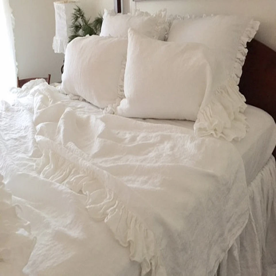 White Washed Ruffled Pure Linen Duvet Cover King Size Queen