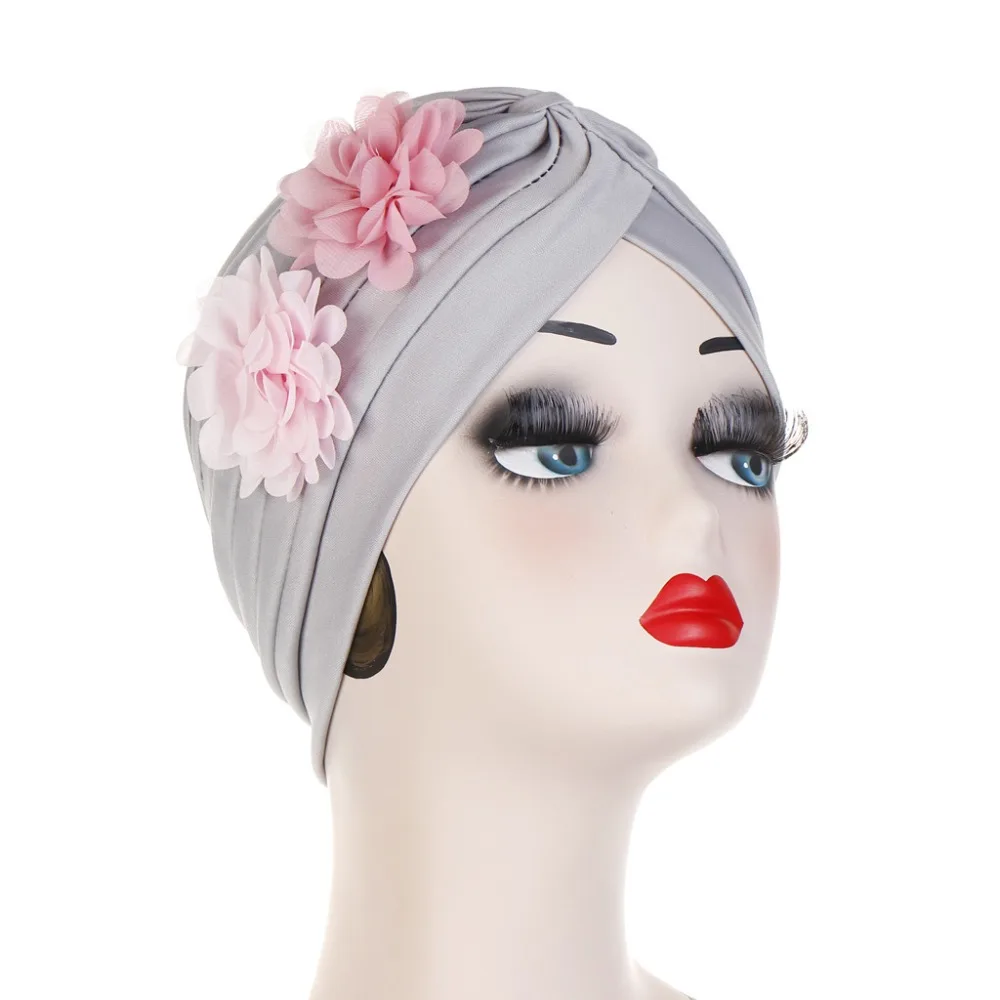 

Muslim Women Ruffle Two Flowers Cotton Turban Hat Headwrap Cancer Chemo Beanies Hijab Bonnet Cap Headwear Hair Loss Accessories