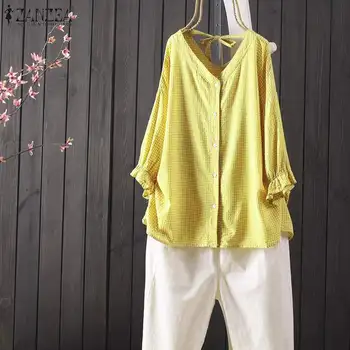 

2020 ZANZEA Plus Size Women's Blouse Plaid Shirts Casual Back Straps Tops Cotton Linen Tunic V Neck Buttons Elastic Cuff Blusas
