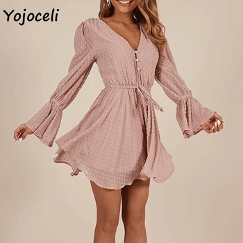 

Yojoceli chic chiffon dot Jacquard jumpsuit rompers women flare sleeve button bow jumpsuit playsuit bohemian beachwear female