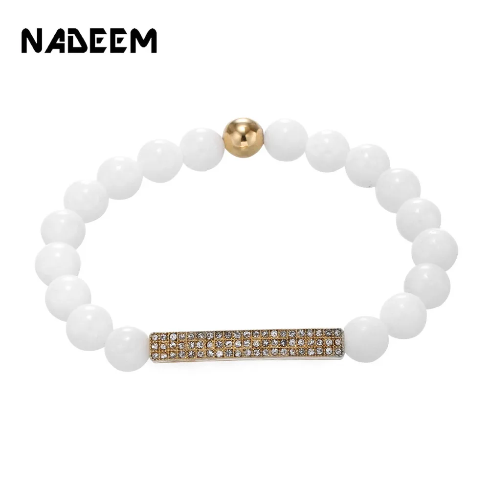 

NADEEM New Design Men Women's Fashion Micro Pave CZ Bar Charm Accessory White Porcelain Stone Bead Bracelet & Bangle Jewelry