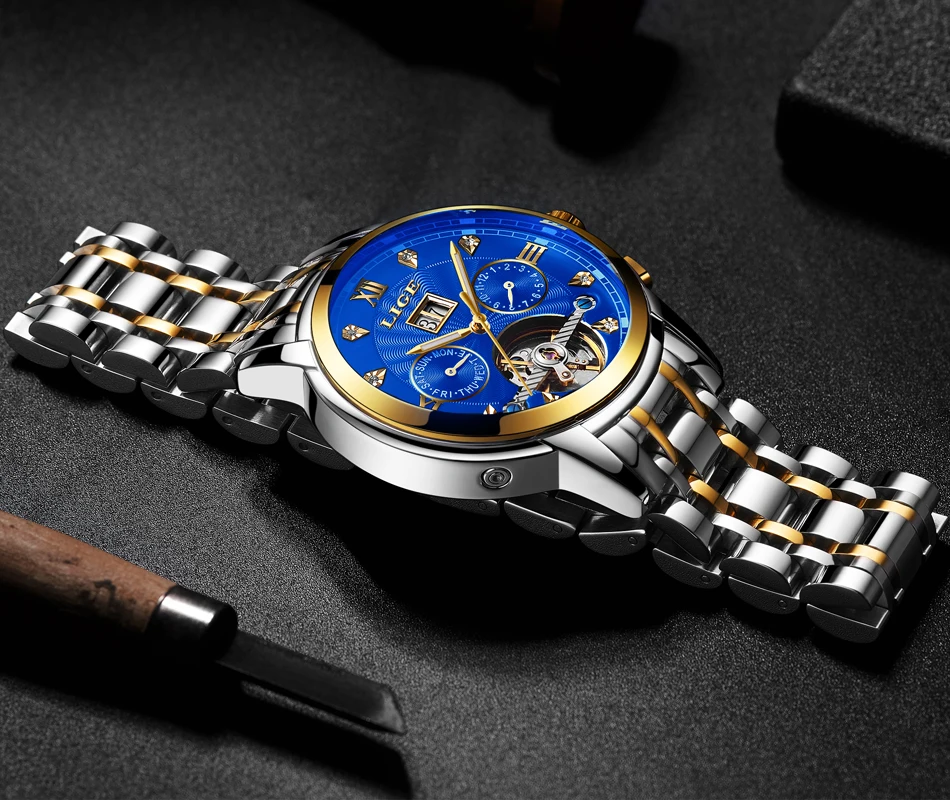 LIGE Men luxury Automatic Mechanical Watch Classic Business Watch Men Tourbillon Waterproof Men Wristwatch Relogio Masculino+Box