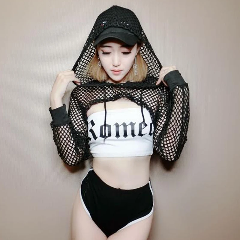 

Women Jazz Top Sexy Mesh Dj Costumes Black Pole Dance Rave Clothes Nightclub Dancer Performance Clothes Ds Gogo Ourfits DC1557