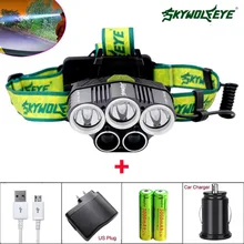 SKYWOLFEYE T6 5 режимов светодиодный налобный светильник перезаряжаемый охотничий рыболовный светильник 80000 лм с usb-кабелем автомобильное/зарядное устройство 2*18650 аккумулятор