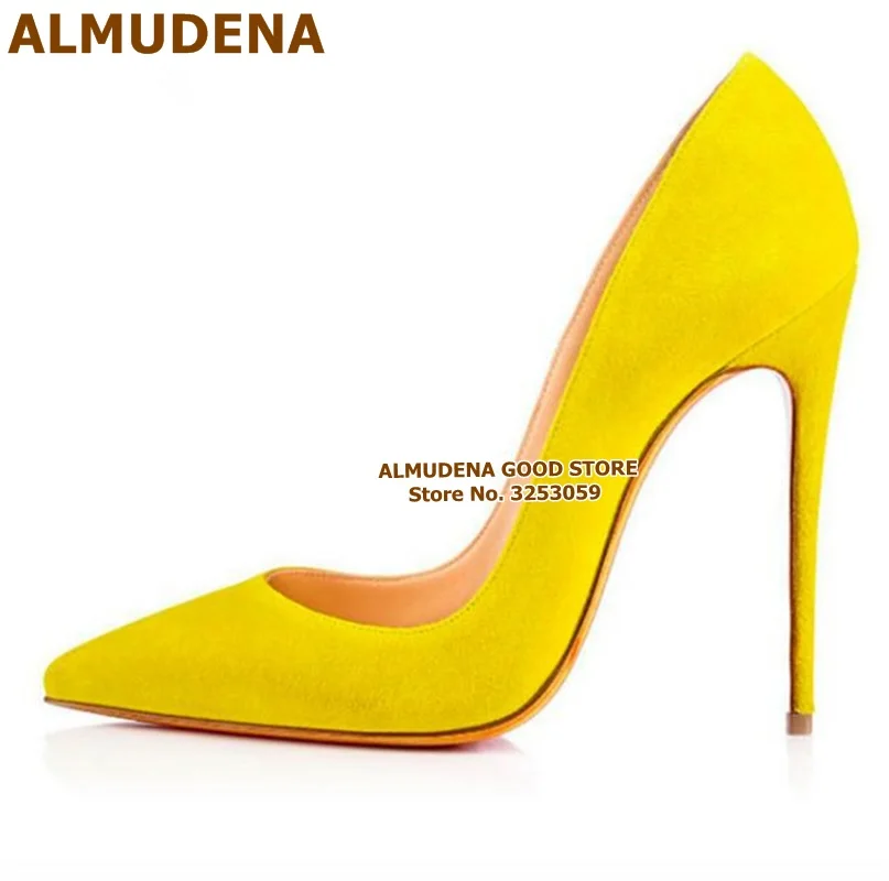 ALMUDENA Suede Pointed Toe Stiletto Heels Dress Pumps Shallow Slip-on 12cm Ultra High Heel Banquet Shoes Purple Yellow Blue ALMUDENA Suede Pointed Toe Stiletto Heels Dress Pumps Shallow Slip-on 12cm Ultra High Heel Banquet Shoes Purple Yellow Blue