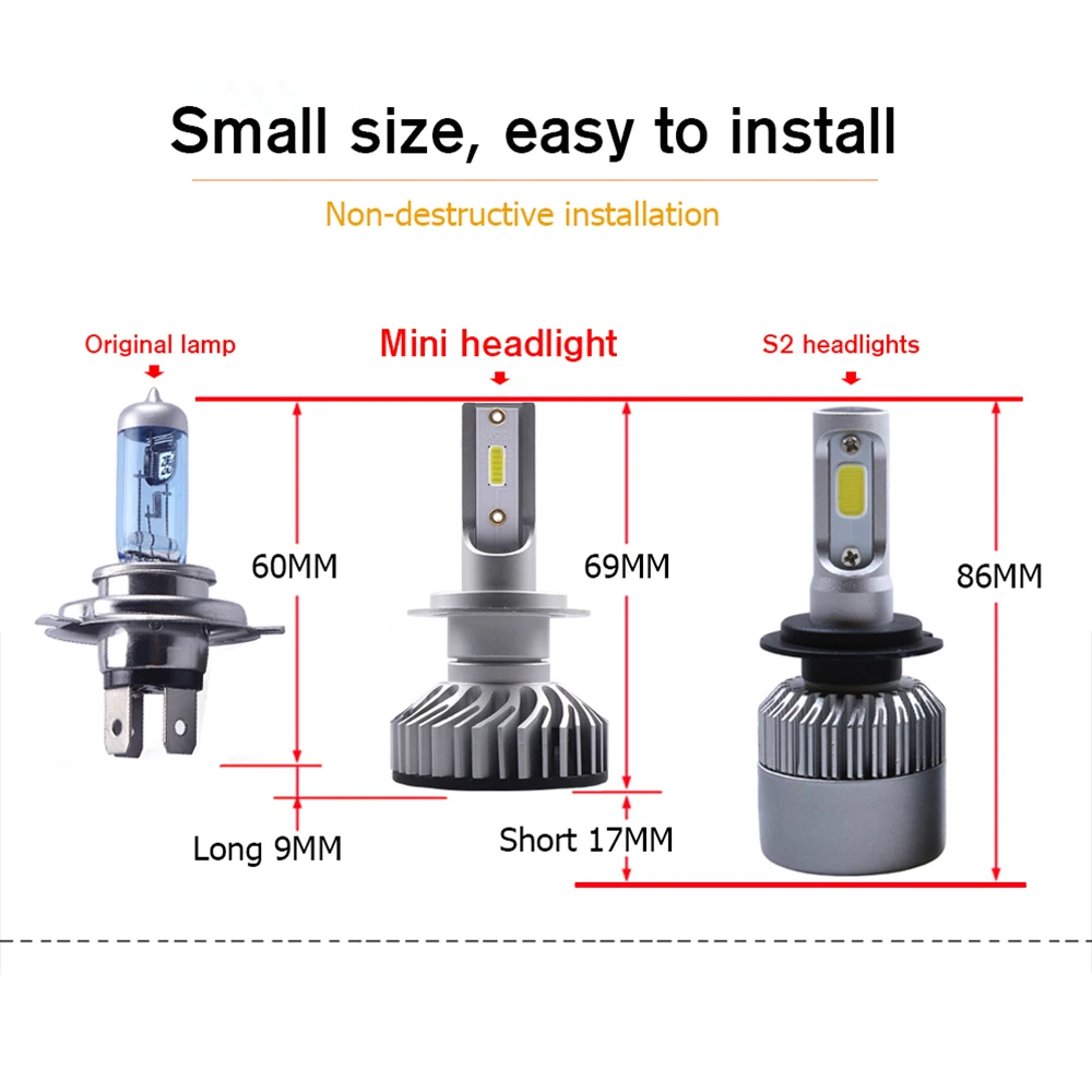 Мини Размеры H7 светодиодный Canbus лампы 50 Вт 10000LM фар автомобиля H4 Hi/короче спереди и длиннее сзади) луч H1 светодиодный H3 H11 9005 9006 9012 6000 K 12 V H11 противотуманные фары