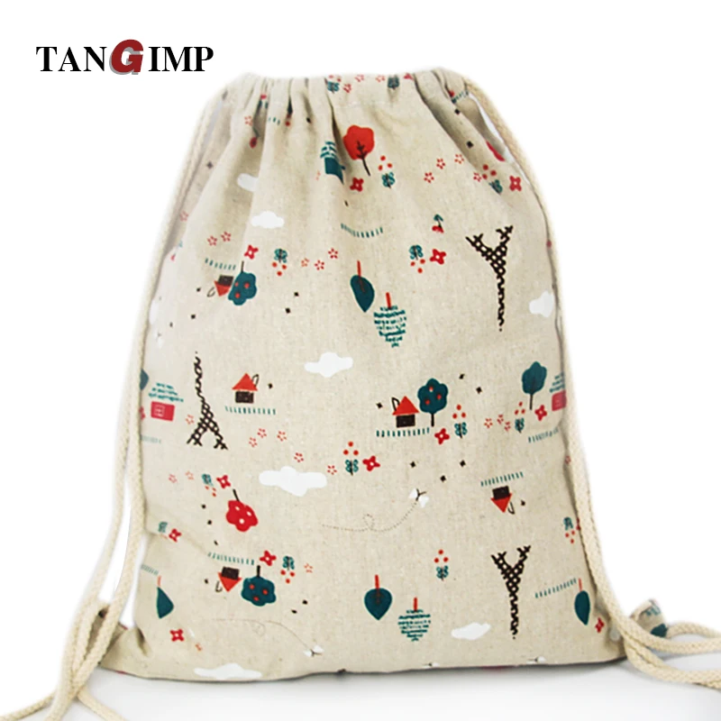 

TANGIMP Green Tree Drawstring Backpacks Cotton Linen Girl Student Luggage Shoes Bag Tower Printed Women harajuku Beach Bags