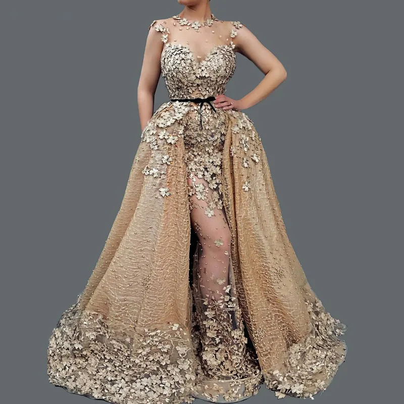 

Champagne Muslim Mermaid Evening Dresses 2019 Lace Appliques Pearls Detachable Dubai Saudi Arabic Long Evening Gown Prom Dress