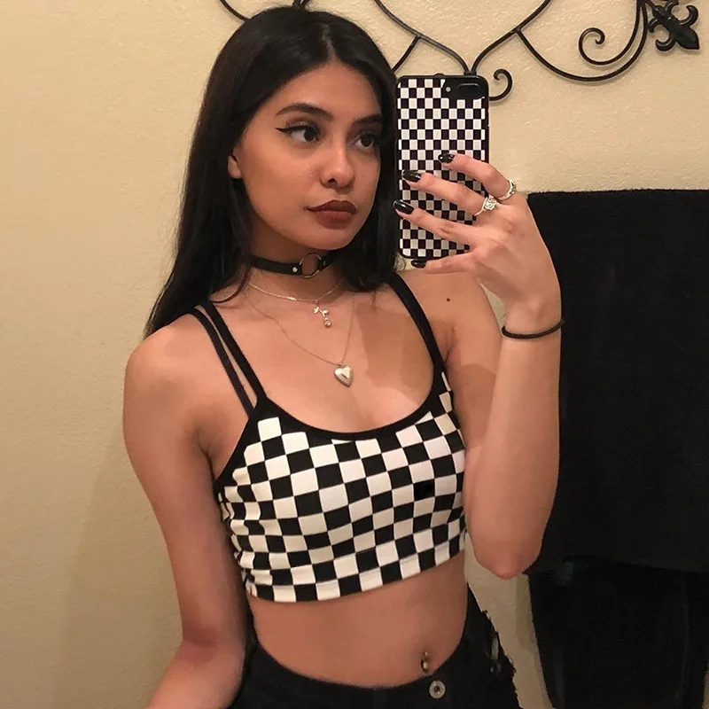 

JSMY Women New Sexy Cross Black And White Plaid Camisole Short Top Summer Fashion Slim Tube Top