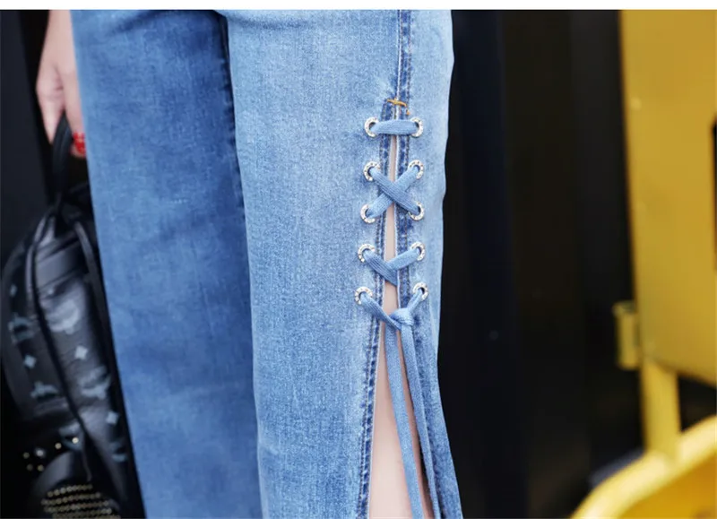 Высокий разрез Открыть выдалбливают широкие брюки на шнуровке сбоку Для женщин брюки осень г. Высокая талия мыть джинсы джинсовые брюки M17101704