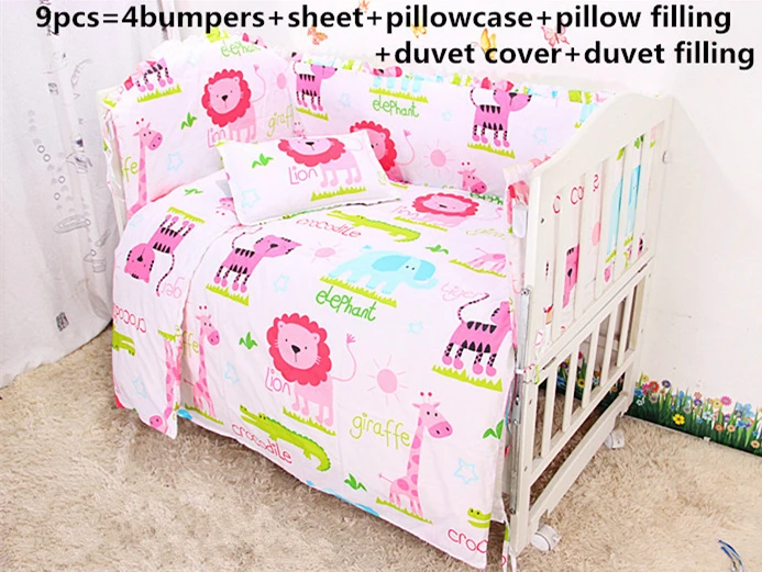 

Promotion! 9pcs Pink Baby Girl Bedding Set Baby Bed Crib Set 100% Cotton Bumper Baby Set ,4bumper/sheet/pillow/duvet