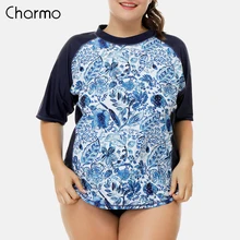 Charmo Women Short Sleeve Rashguard Retro Floral Print Swimsuit Shirts Womens Plus Size Swimwear UPF50+ Rash Guard Beach Wear plus size short sleeve floral pattern swimwear for women