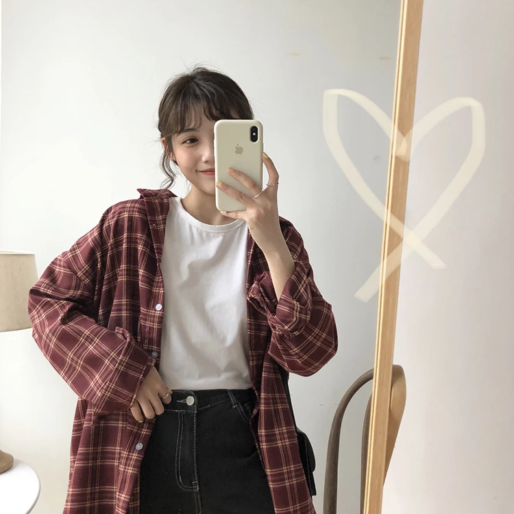  2 colors Autumn thick Plaid Shirt Blouse 2019 Korea College Loose Tops Fashion long Sleeve Loose Ca