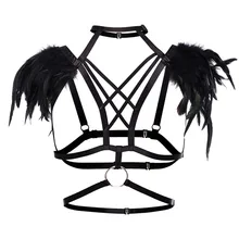 Черный бюстгальтер с перьями бандаж, портупея эполеты бюстгальтер с бретелями; крылья BurningMan фестиваль танцевальная одежда в стиле рейв стимпанк в готическом стиле и стиле панк