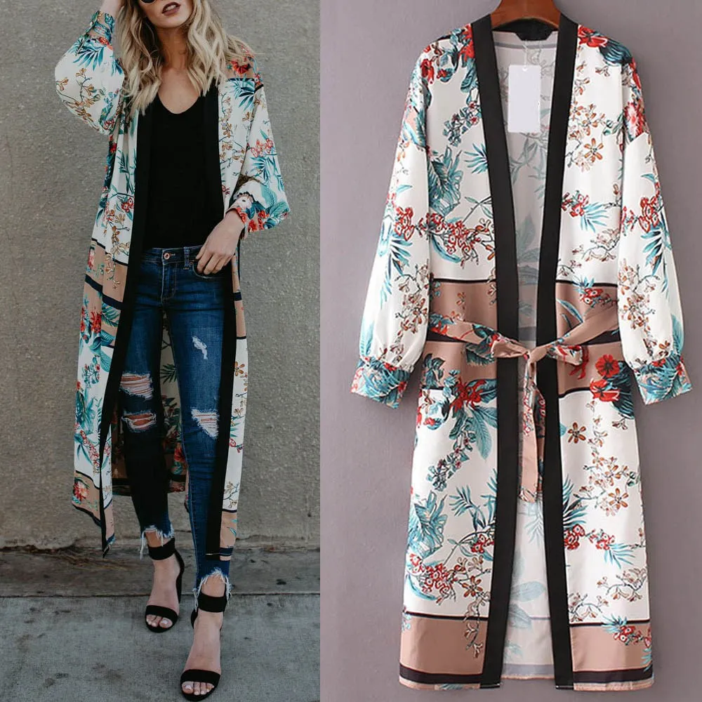 

Womens Belt Bandage Shawl Print Kimono Cardigan Top Shirt Cover Up Beachwear Blouse