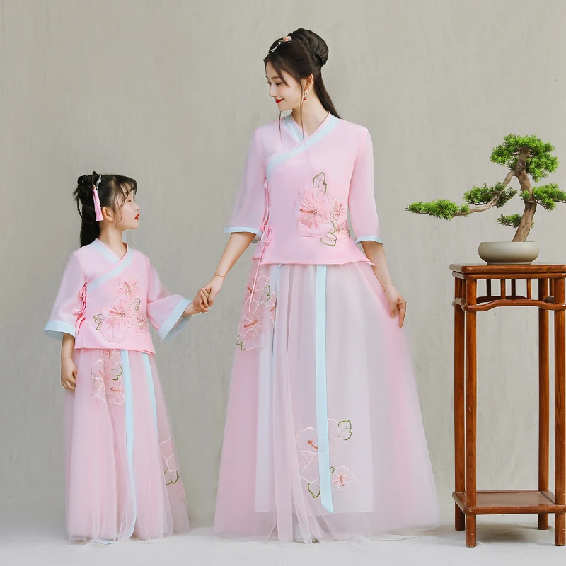 Китайский Hanfu; Одинаковая одежда для семьи; платья для мамы и дочки; одежда для родителей и детей; семейная одежда для свадьбы