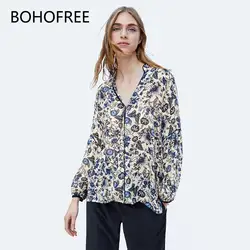 BOHOFREE Цветочный принт Blusas женский с v-образным вырезом с длинным рукавом чешские Верхняя одежда куртка-бомбер топы кимоно блузка Women'shirts