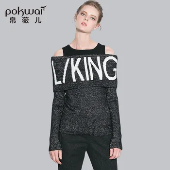 

POKWAI High Quality Brand Clothing Casual Letter Knitted Sweater Women Full Sleeve Slash Neck Winter Sweaters and Pullovers
