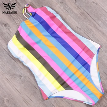 

NAKIAEOI 2019 New Sexy One Piece Swimsuit Summer Beachwear Women One Shoulder Stripe Swimwear Bathing Suits Monokini Swimsuits
