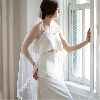 

2019 Long Wedding Veils Tulle Lace edge trim Bridal veils wedding accessorie White Ivory veu de noiva Voile Mariage Dentelle