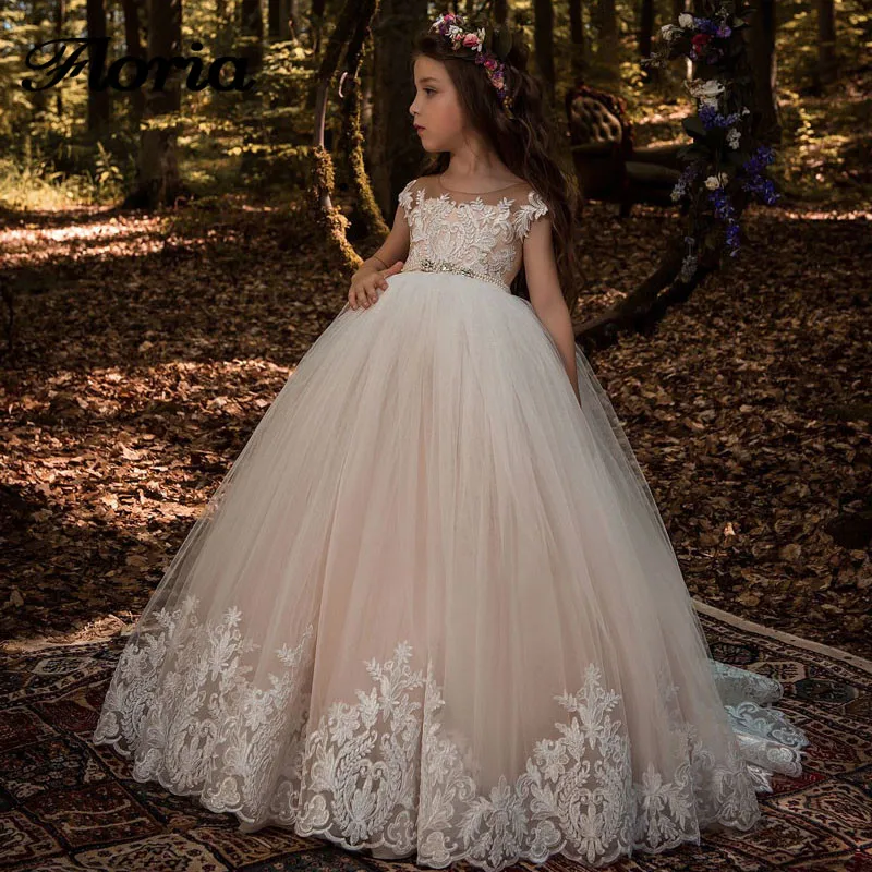 Beautiful-Lace-Floral-Appliques-Cap-Sleeves-Flower-Girl-Dress-V-Back-Style-Champagne-Kids-Tulle-Pageant