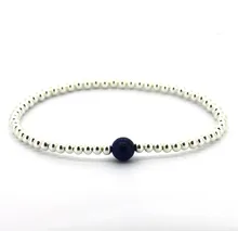Plata esterlina sólida y Natural Lapis Stretch pulsera de cuentas 7 pulgadas