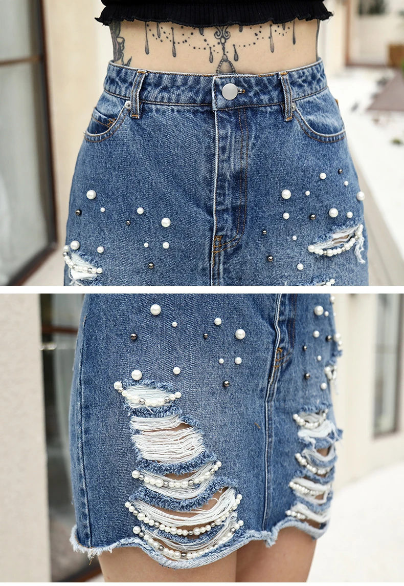 New pearl high waist sexy bag buttock skirt torn denim skirt (2)