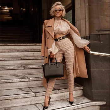 

Fashion Show Khaki Two 2 Pieces Set Women Jumpsuit High Quality Long Sleeve Bodycon Celebrity Wedding Evening Party Jumpsuits