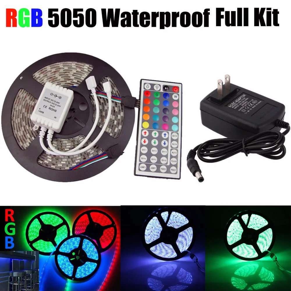 

5050 RGB LED Strip Non-Waterproof / Waterproof 5M 300 Led Strip Light Fita Led String + 44 Key IR Remote + DC 12V 3A Power Kit