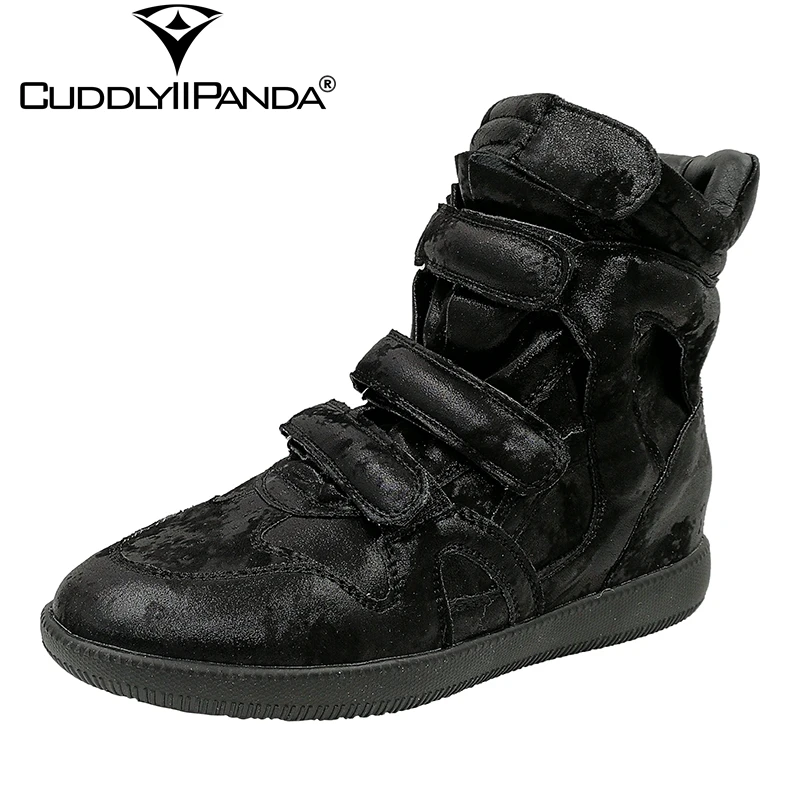 

CuddlyIIPanda 2018 Winter Split Leather Hook& Loop Women Snow Boots Old Vintage Boots Crack Sneakers Patchwork High-top Botas