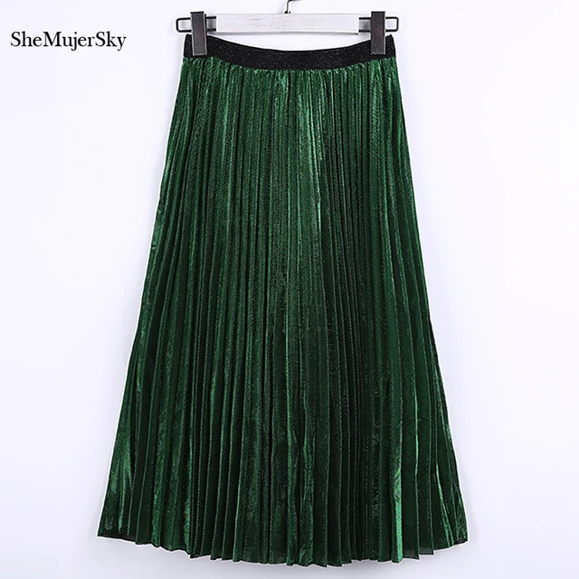 2016 Autumn Gold Sequined Women Skirts Vintage Green Midi Skirts Womens Retro Elegant Pleated Skirt 1