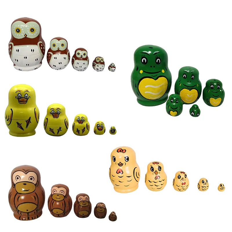 

Cute Baby Toys Matryoshka 5 Layer Wooden Animal Hand Painted Russian Nesting Dolls Home Decoration Children Gifts YH-17