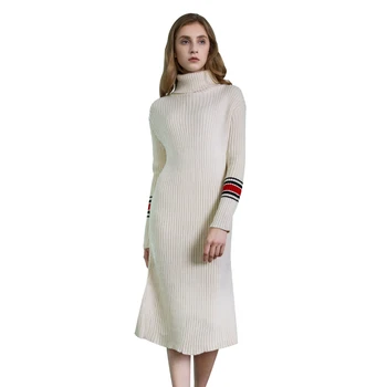 

2017 British Style Women Fashion Pullover Solid Skirted Knitwear Ladies Slim Long Knitted Turtleneck Sweaters Dress Outwear