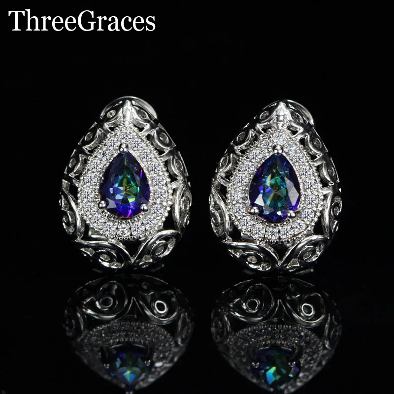 

ThreeGraces New Fashion Ladies Stud Earrings Jewelry Silver Color Vintage Teardrop Blue Mystic Crystal With Clear CZ Stone ER271
