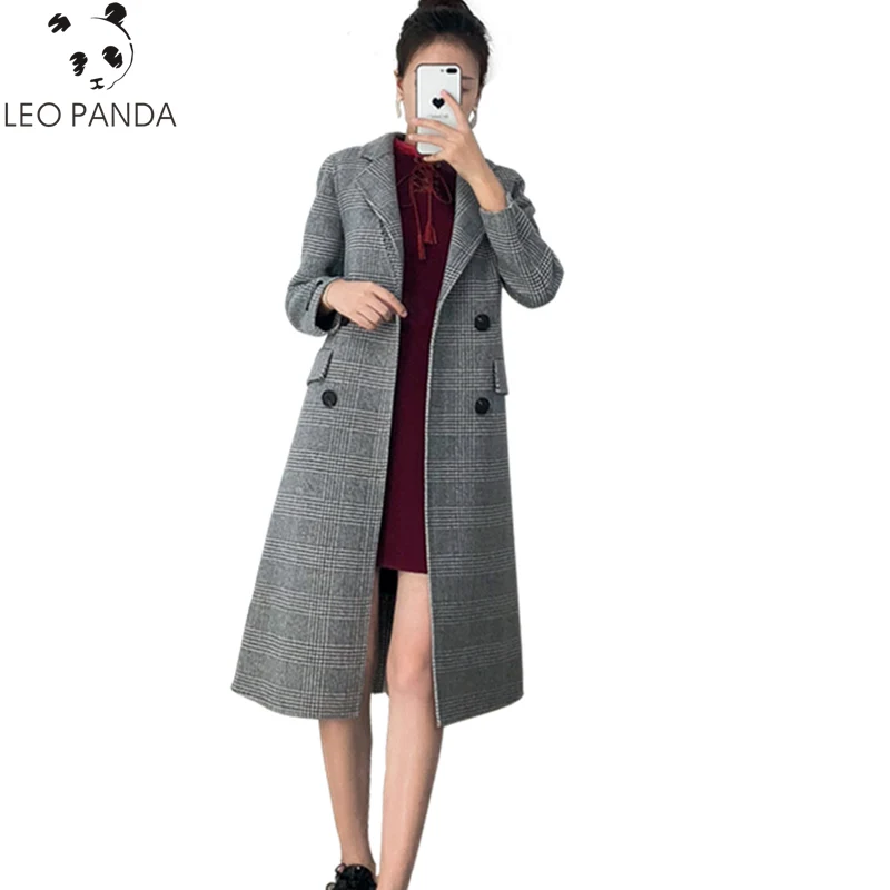 

Autumn Winter Women New Plaid V-Neck Double Breasted Two Sided Wool Coat Female Slim Fashion Temperament Tweed Coat ZX1055