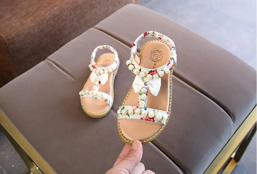 MHYONS/детские сандалии для девочек бантом украшение из жемчуга с украшением в виде кристаллов римские сандалии туфли принцессы Детские пляжная обувь; сезон лето удобная обувь