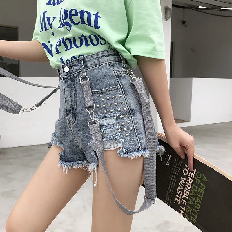 

2019 Summer Shoulder Strap Trend Female Denim Shorts With high Waist Female Summer tattered Shorts