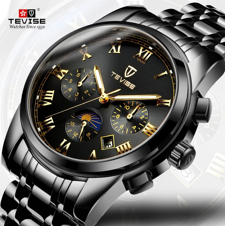 

TEVISE Mens Mechanical Watches Gold Automatic Skeleton Watch Moon Phase Luminous Date Black Man Wristwatches Male Luxury Clock