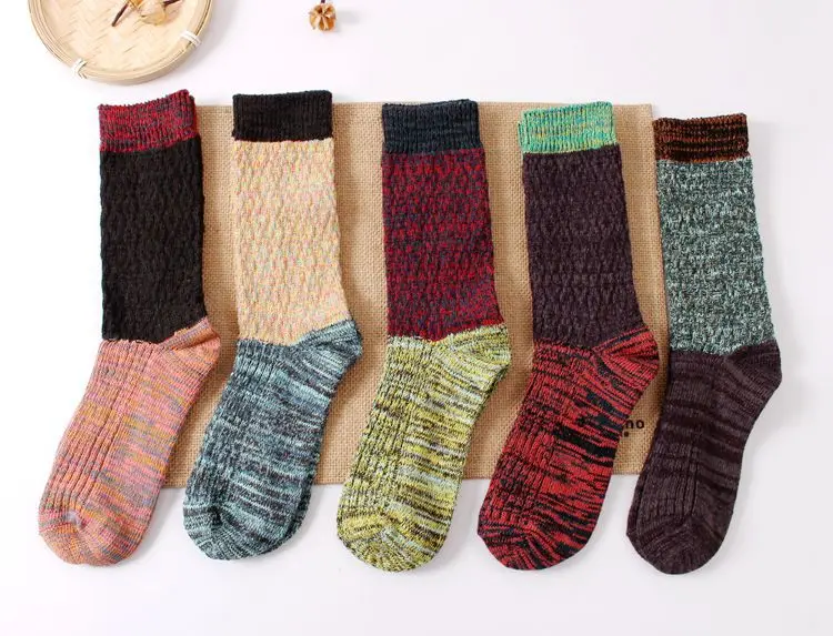 Anyongzu/5 пара/лот, носки контрастного цвета, осенние носки в стиле ретро, в народном стиле, хлопковые зимние сапоги для женщин, 23-25 см