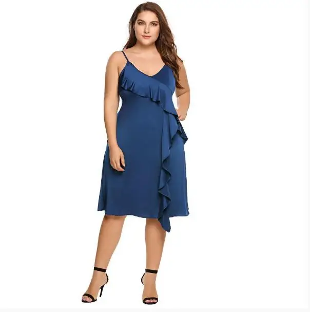 IN'VOLAND, женское платье трапециевидной формы размера плюс, летние платья на тонких бретелях с глубоким v-образным вырезом, одноцветные женские платья с оборками, вечерние платья - Цвет: Синий
