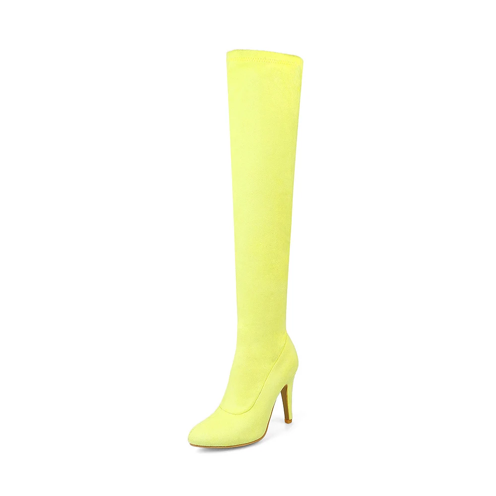 Новинка, распродажа, фиолетовые, красные женские облегающие высокие сапоги телесного цвета серые, розовые женские ботфорты на каблуке, большие и маленькие размеры 32, 43, 48, Y03 - Цвет: Yellow