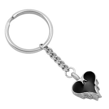 

IJK2032 Black Enamel Heart Urn With Angel Wings 316L Stainless Steel Men Keepsake Keyring Cremation Keychain for Pet Ashes