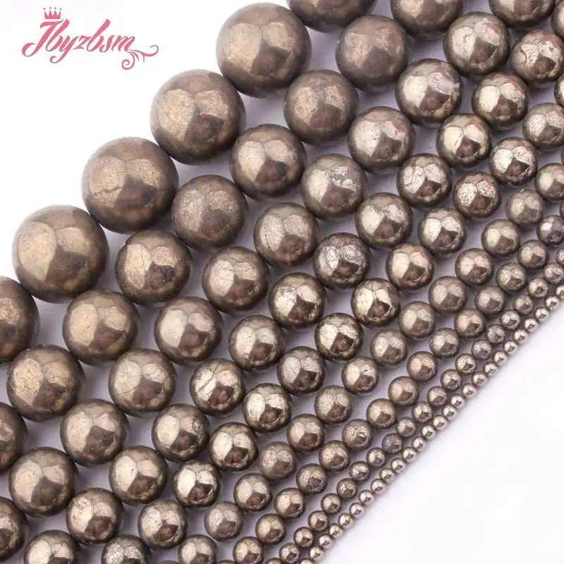 

3,4,6,8,10,12,14,16,20mm Smooth Round Bead Pyrite Natural Stone Beads For DIY Necklace Bracelet Jewelry Making 15" Free Shipping