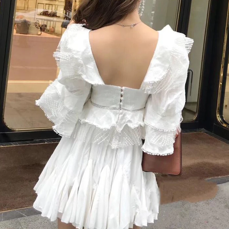  [LIVIVIO] Ruffle Lace Blouse Women White Shirt 2019 Autumn Sexy Ladies Square Neck Tops Puff Sleeve