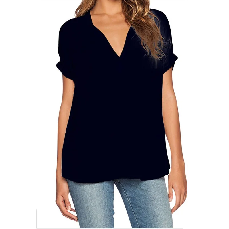 

Blouse Women Loose Short Sleeve Loose Chiffon Shirt Deep V Neck Asymmetric Women's Shirts Plus Size Femal Clothing