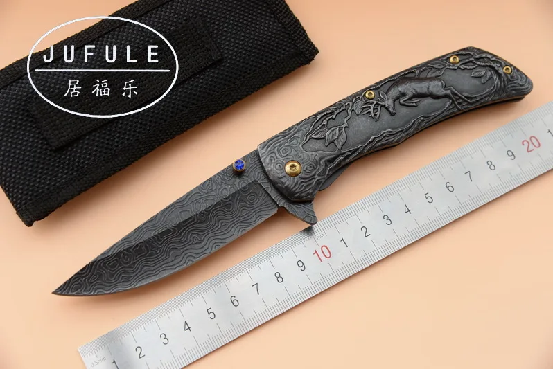 

JUFULE Deer Damascus Pattern folding flipper 9Cr18MoV blade 440C handle camping hunting Tactical utility EDC tool kitchen knife