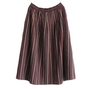 

2019 Fashion Midi Skirt Women Autumn Spring Vintage High Waist Skirts Linen Cotton A-line Stripe Skirt